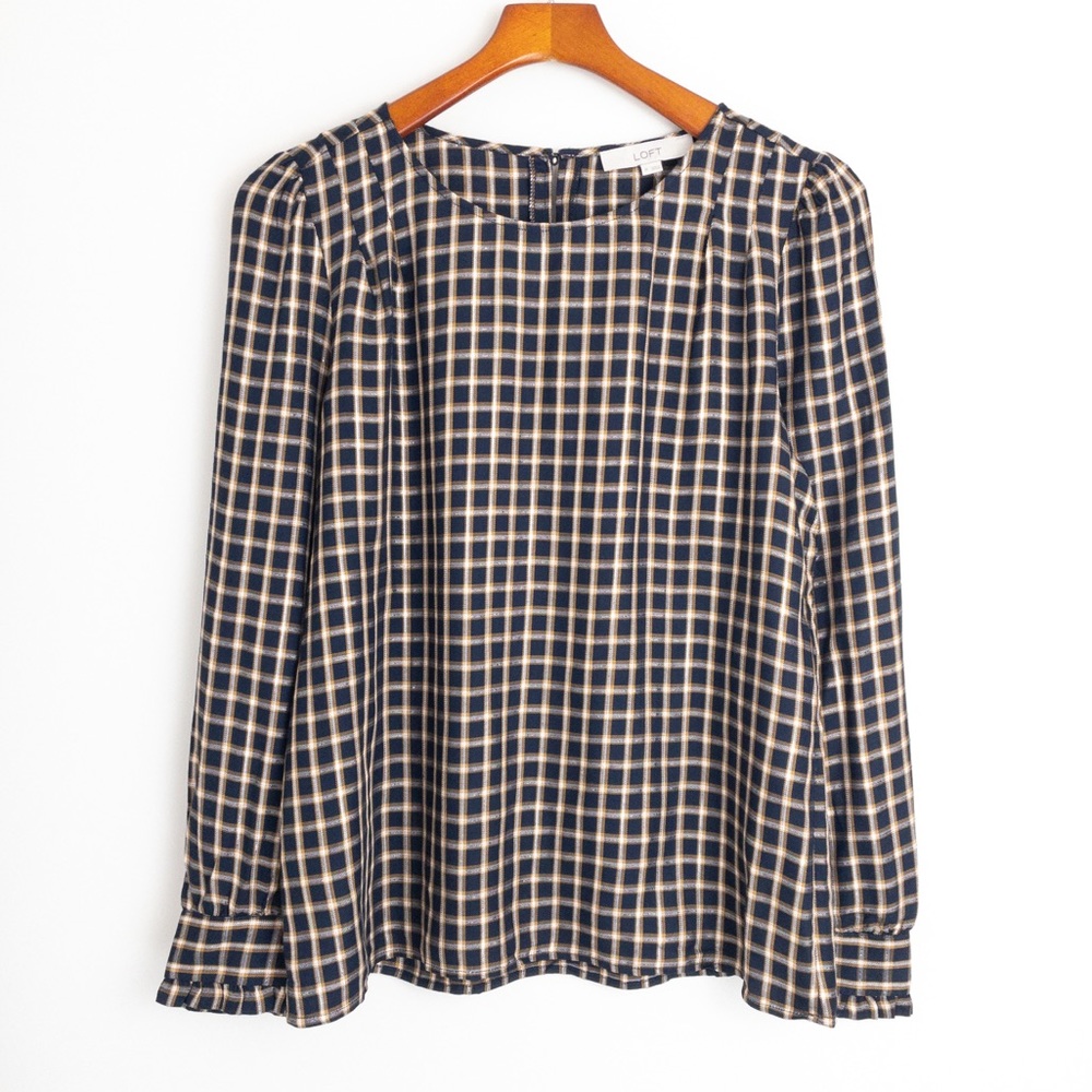 Loft Plaid Navy Blouse Top